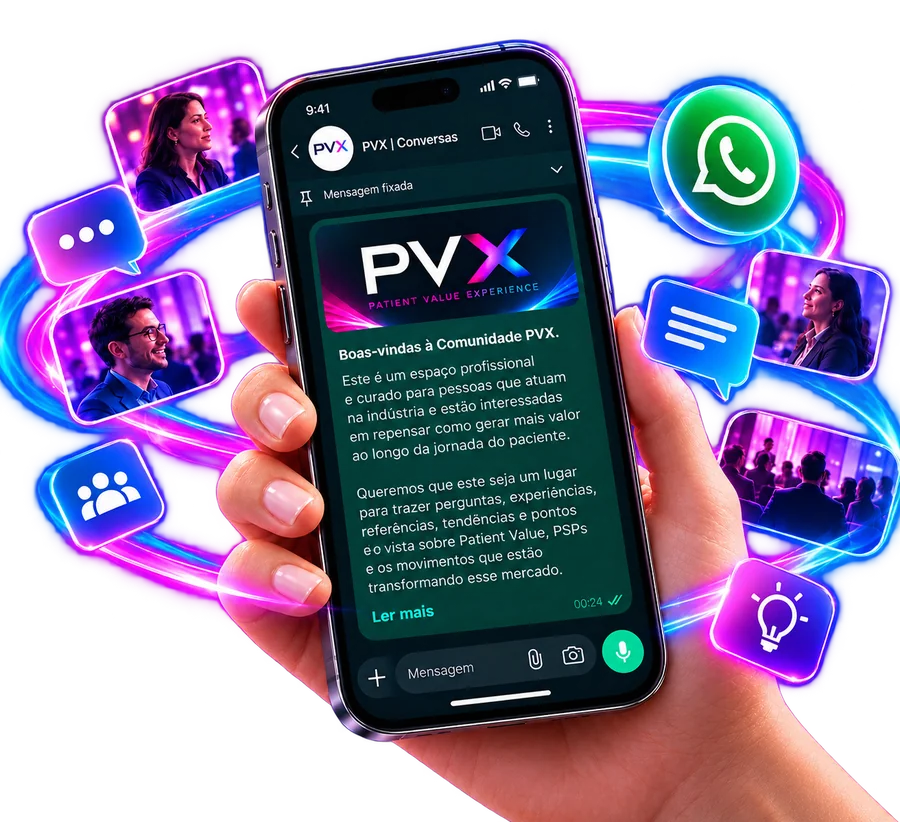 Celular com a mensagem de boas-vindas da Comunidade PVX no WhatsApp